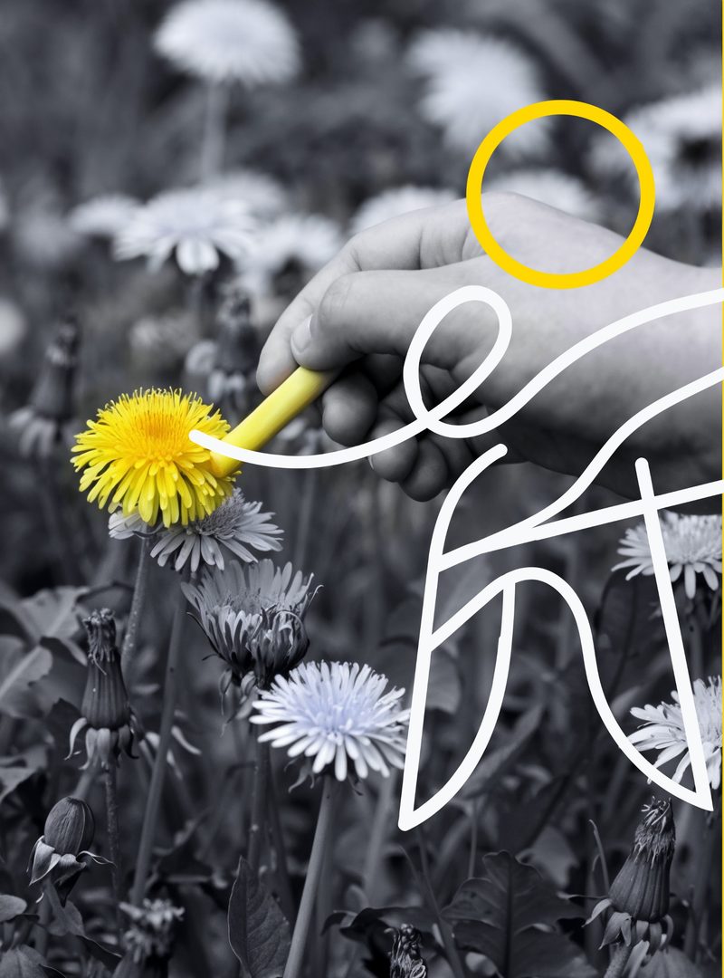 Mão pintando de amarelo um dente-de-leão em um campo preto e branco